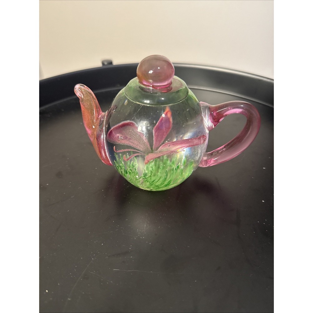 Dynasty‎ Gallery Teapot Paperweight Art Glass Pink Butterfly #6174 Handcrafted